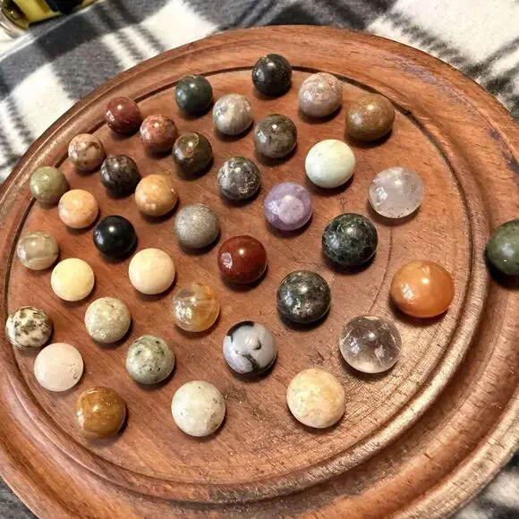 VTG Solitaire Board Game Set Semi-Precious Gemstone Stone Marbles Kenya Wood - Picture 3 of 8